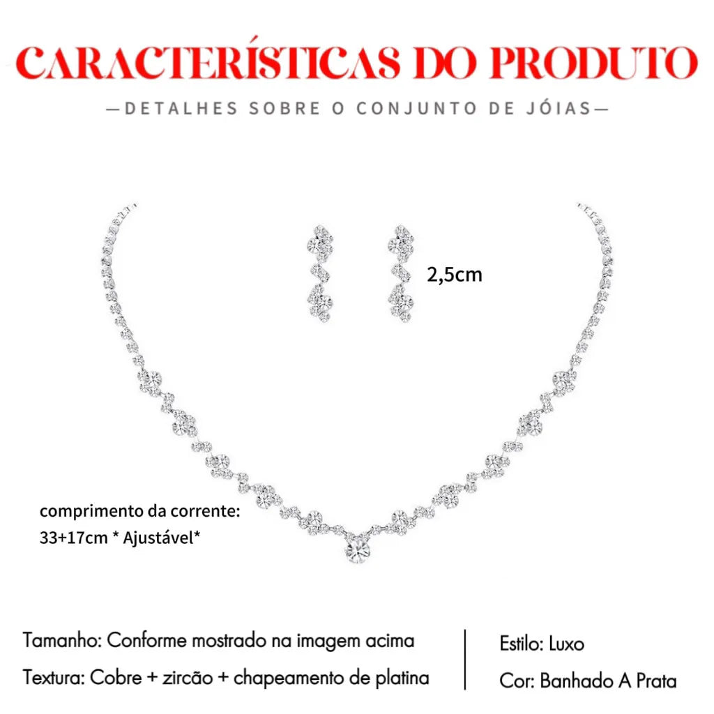 Conjunto 4 Peças Design Irregular - Colar, Brincos, Pulseira e Anel - Joias para Casamento V