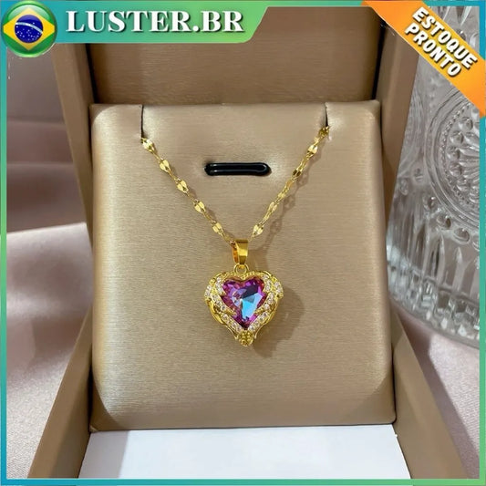 Colar Coração do Oceano com Cristal - Aço Inoxidável Antialérgico - Luxo Elegante Feminino