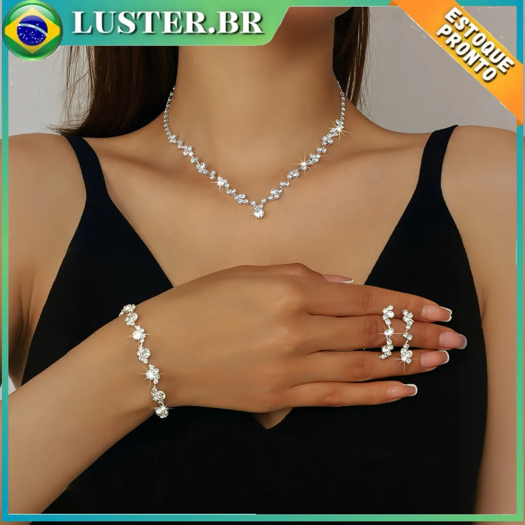 Conjunto 4 Peças Design Irregular - Colar, Brincos, Pulseira e Anel - Joias para Casamento  V