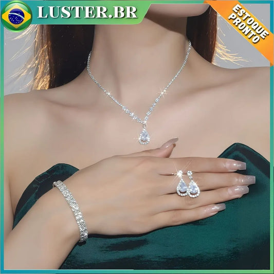Conjunto 3 Peças Joias Femininas - Colar e Brincos para Casamento - Kit Completo Elegante