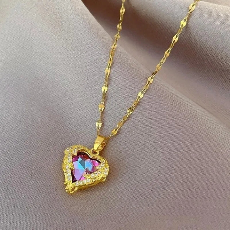 Colar Coração do Oceano com Cristal - Aço Inoxidável Antialérgico - Luxo Elegante Feminino