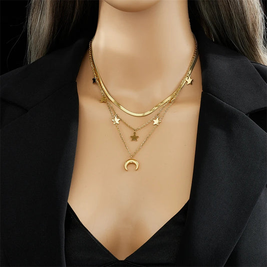 Colar 3 Camadas Aço Inoxidável 316L - Pingentes Lua e Estrelas Dourado - Estilo Vintage Feminino