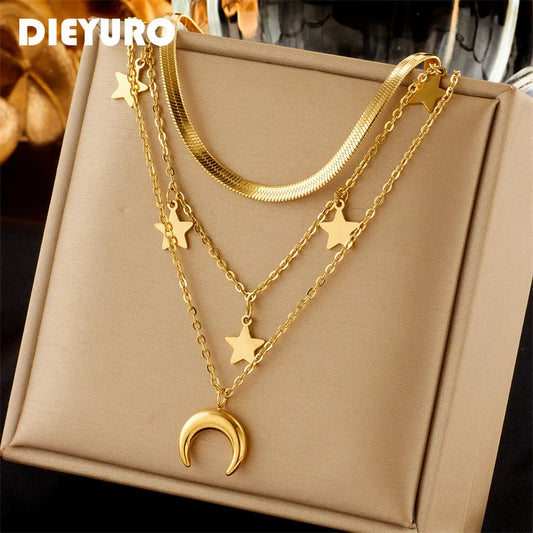 Colar 3 Camadas Aço Inoxidável 316L - Pingentes Lua e Estrelas Dourado - Estilo Vintage Feminino