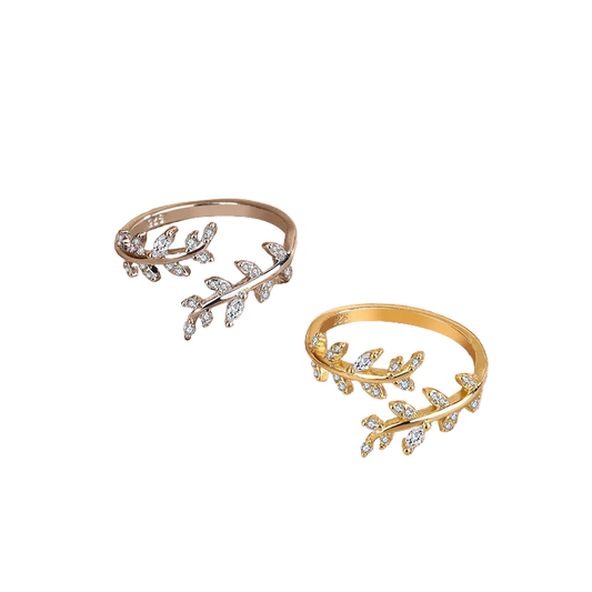 Anel Ajustável Prata 925 Banho Ouro - Design Galho com Zircônias - Joia Fina para Casamento