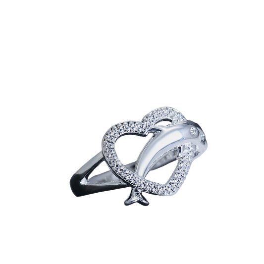 Anel Prata 925 Golfinhos e Coração - Joia Fina Romântica para Casais - Presente Casamento