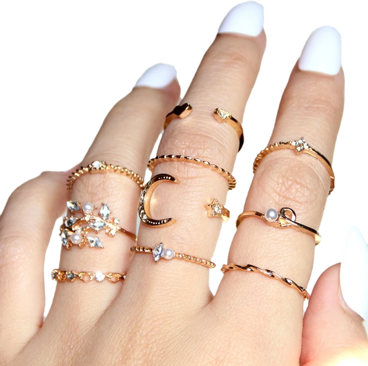 Kit 10 Anéis Ajustáveis Femininos - Lua, Estrela, Coração e Diamante - Joias Fashion