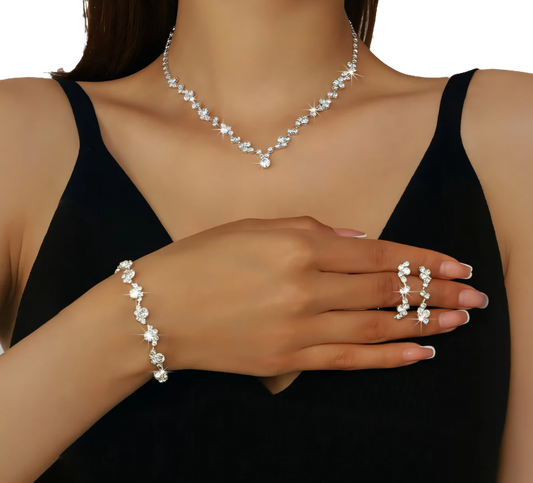 Conjunto Completo de Joias Femininas - Colar, Brincos, Pulseira e Anel em Liga - Ideal para Casamentos e Festas