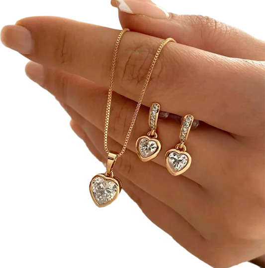 Conjunto 3 Peças Coração Duplo - Colar e Brincos com Strass - Joias Fashion Românticas para Presente